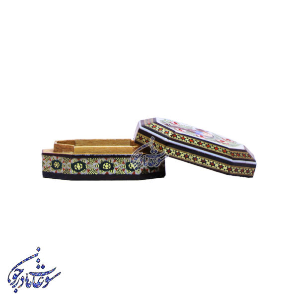 جعبه سکه هشت ضلعی خاتم طرح گل و مرغ