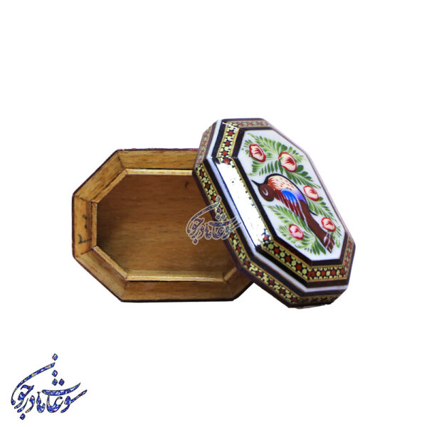 جعبه سکه هشت ضلعی خاتم طرح گل و مرغ