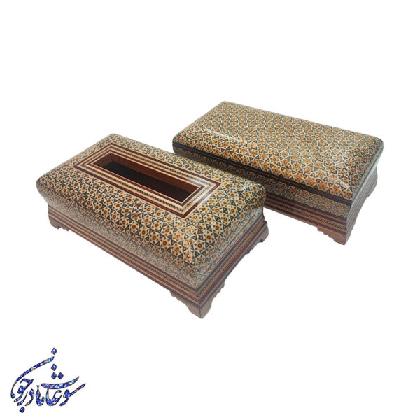 ست جعبه دستمال و قاشق خاتم مدل تخمه دار