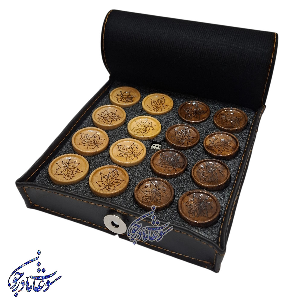 مهره برگ کیف چرمی2 مهره تخته نرد چوبی اعلا جعبه چرمی - Image 1