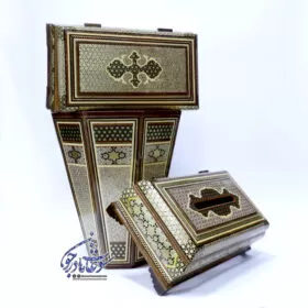 ست جعبه دستمال کاغذی و کارد و چنگال و سطل خاتم کاری مدل توپی